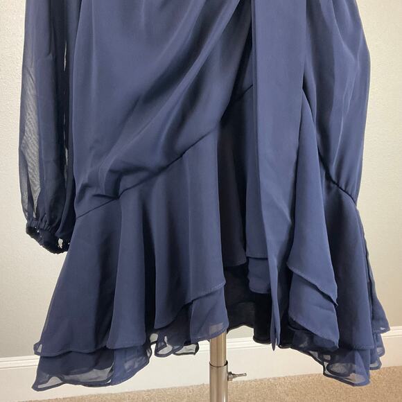 Betsy & Adam Blue Chiffon One Shoulder Mini Fit and Flare Size 10 Long Sleeve - Picture 9 of 14